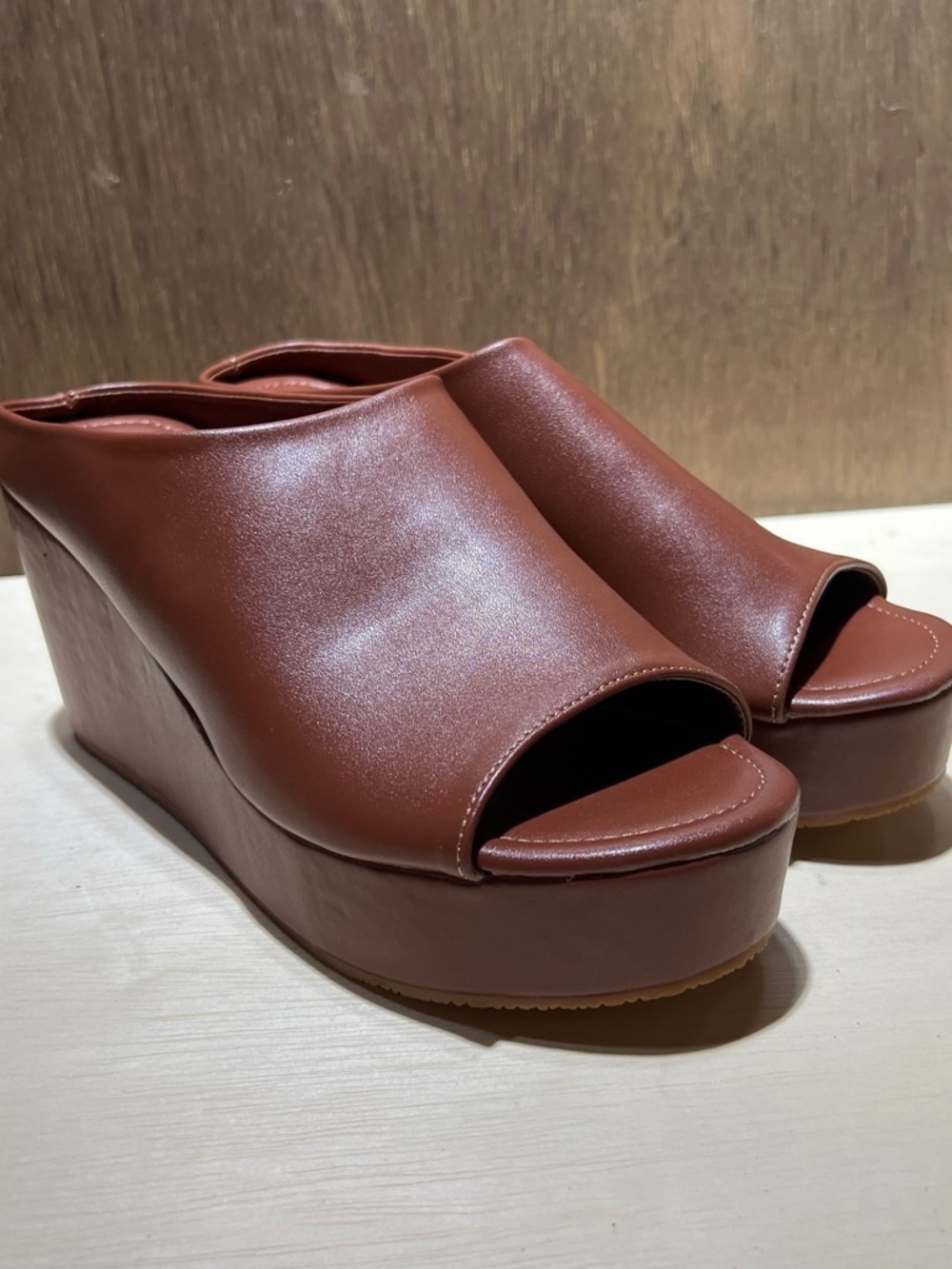 Women's Brown Leather Platform Wedge Mule - Unbranded